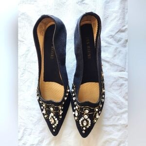 Ann Marino Fabric Upper Leather Sole. Black. Beaded  Pointed. Size 8.5M